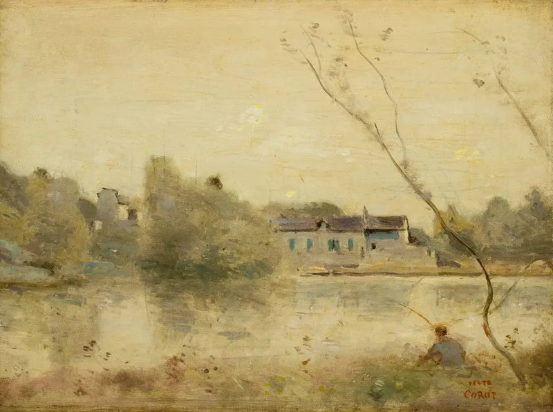 Ville-d'Avray. Sjön, små lutande träd i förgrunden - Jean-Baptiste Camille Corot
