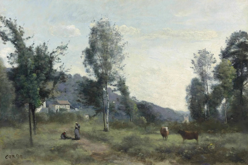Ville d'Avray, betesmark med, i bakgrunden, en sluttning i dimma - Jean-Baptiste Camille Corot