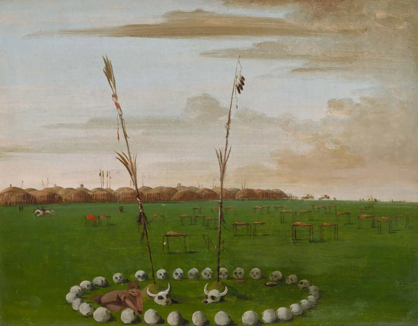 Vue arrière du village de Mandan, montrant le cimetière - George Catlin image 1 copie de tableau peinte à la main