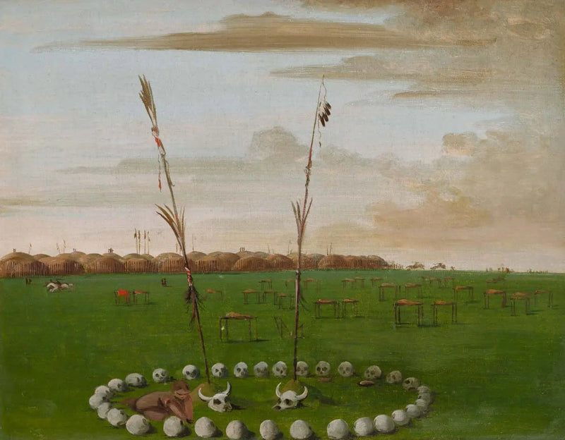Bakomvy av Mandan-by, som visar kyrkogården - George Catlin