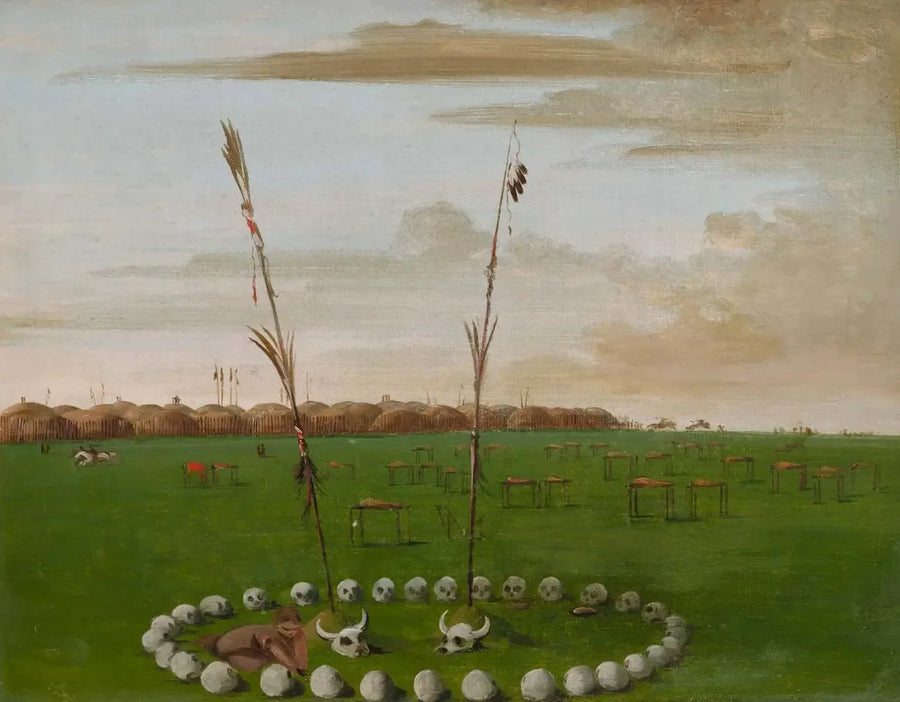 Bakomvy av Mandan-by, som visar kyrkogården - George Catlin