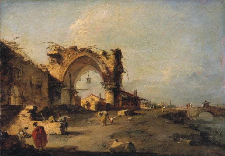 Vue d’une bourgade avec un pont et une porte gothique monumentale en ruine - Francesco Guardi - Alpha Reproduction