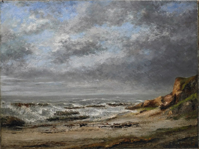 Vy av ett stormigt hav nära en klippa - Gustave Courbet
