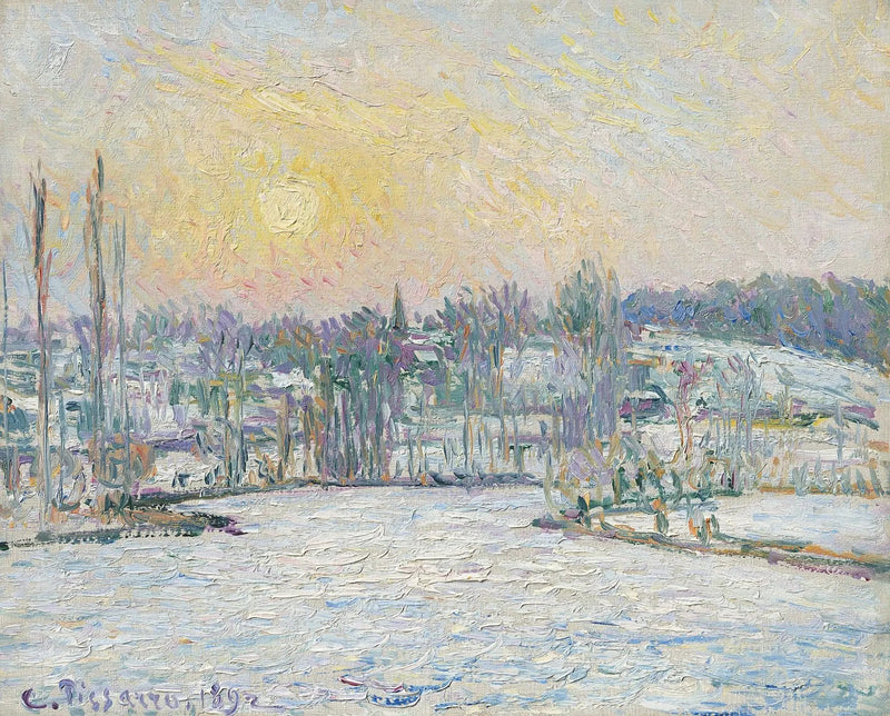 Utsikt över Bazincourt, snöeffekt, solnedgång - Camille Pissarro