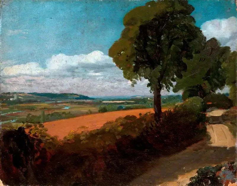 Vy över Dedham från vägen som leder från East Bergholt kyrka till Flatford - John Constable