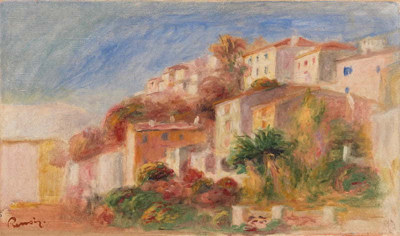 Utsikt från trädgården vid posten, Cagnes (By sett från trädgården vid posten, Cagnes) - Pierre-Auguste Renoir