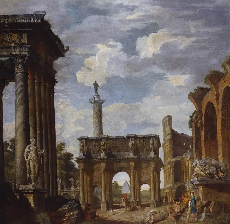 Utsikt över Caprice med Konstantins båge och andra romerska ruiner - Giovanni Paolo Panini