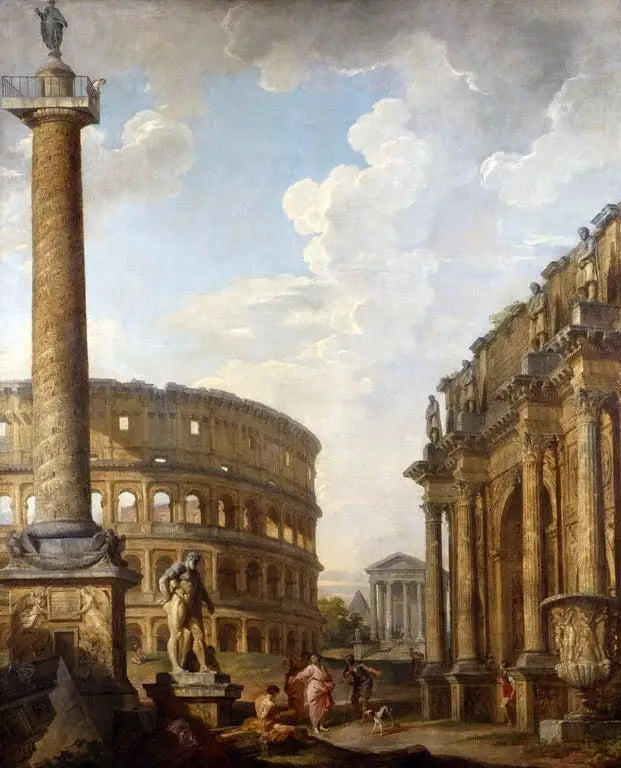 Vy av Caprice med Trajan-kolumnen och de romerska ruinerna - Giovanni Paolo Panini