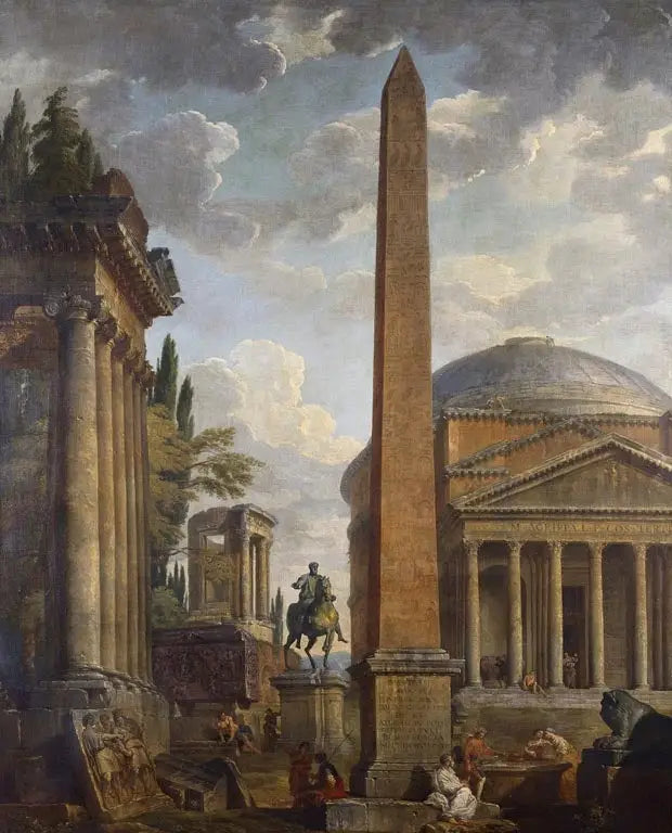 Utsikt över Caprice med Pantheon och romerska ruiner - Giovanni Paolo Panini