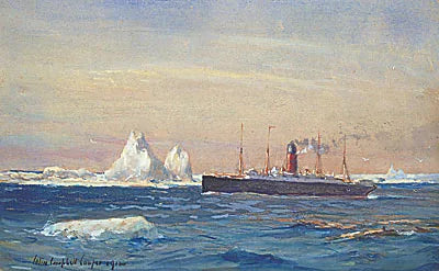 Vy av Carpathia som passerar längs isberg efter att ha räddat överlevarna från Titanic - Colin Campbell Cooper