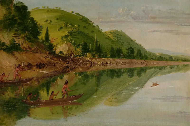Utsikt över floden Saint-Pierre, Sioux-indianer som jagar en hjort i sina kanoter - George Catlin
