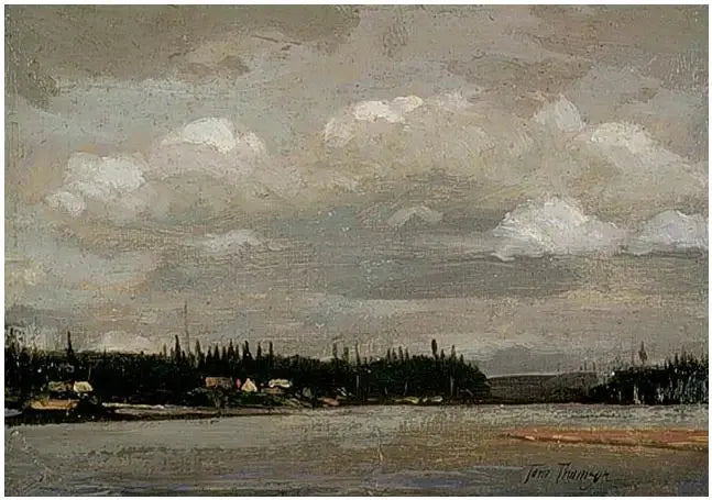 Utsikt över en sjö: strand med hus - Tom Thomson