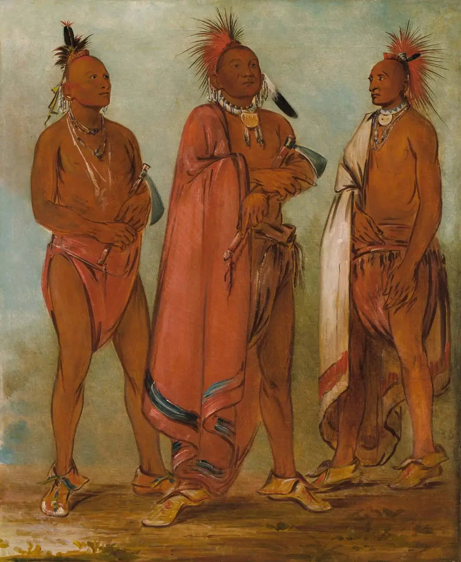 Wa-másh-ee-sheek, Den som tar bort; Wa-chésh-uk, Krig; Mink-chésk, Tre framstående unga män - George Catlin
